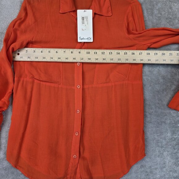 Splendid Shirt Womens XS Orange Double Pocket Button Up Sheer Rayon Blouse Top - Picture 9 of 13